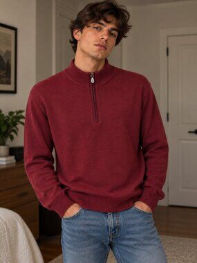 Raffi Men's 100% Extra Fine Merino Wool Pullover 1/4 Zip Sweater Red, Size S